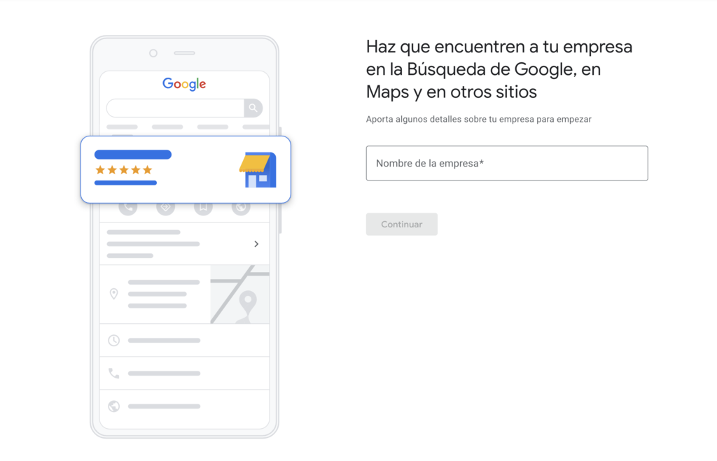 P&aacute;gina para introducir nombre de la empresa en GMB