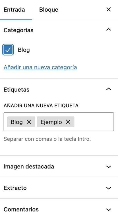 Sección de etiquetas y categorías del editor de WP
