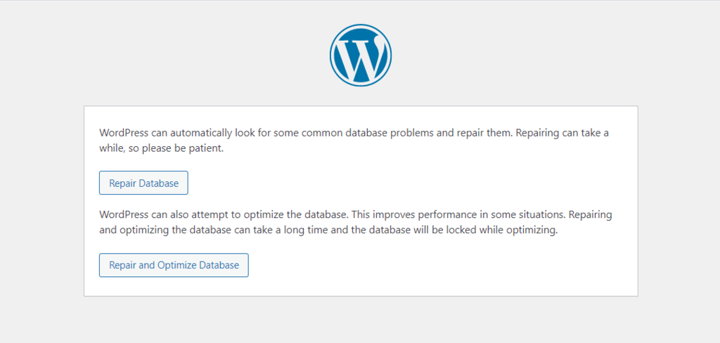 Mensaje de reparar base de datos de WP