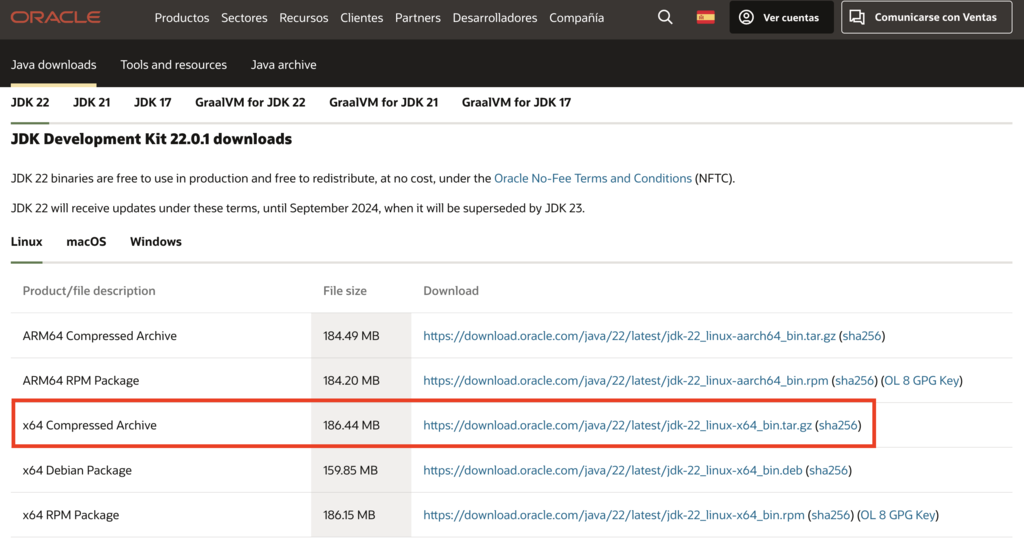 Sitio web de Oracle