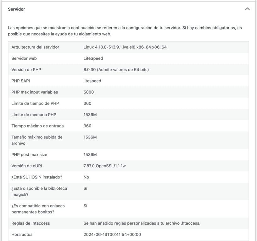 Información del servidor en WordPress