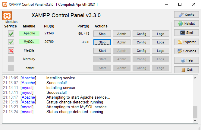 panel de control de XAMPP