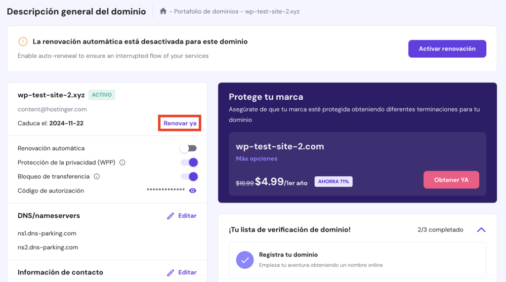 Descripci&oacute;n general del dominio en hPanel