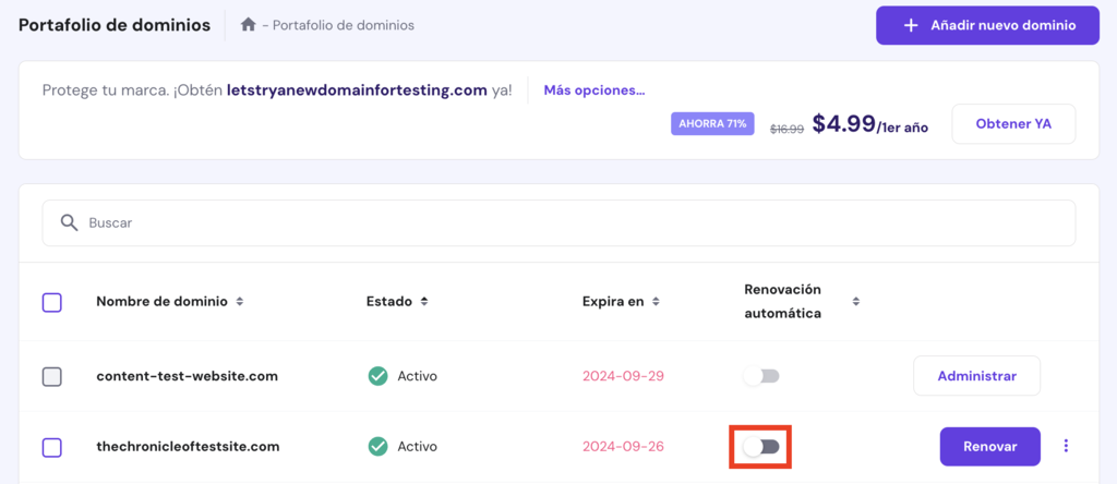 Renovaci&oacute;n autom&aacute;tica de dominios en hPanel