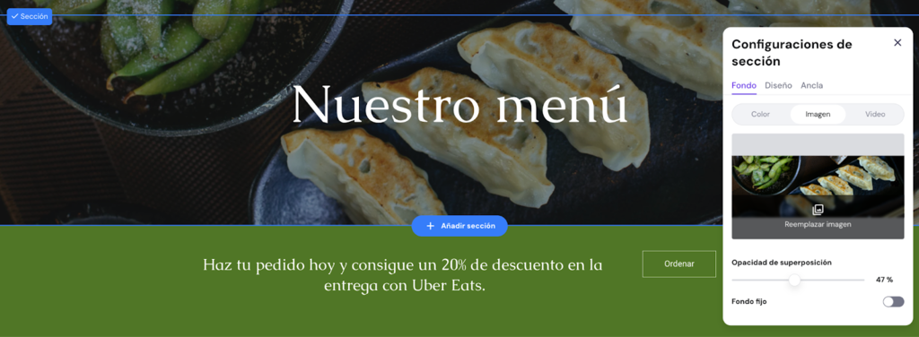 Ventana de Configuraciones de secci&oacute;n del Creador de Hostinger