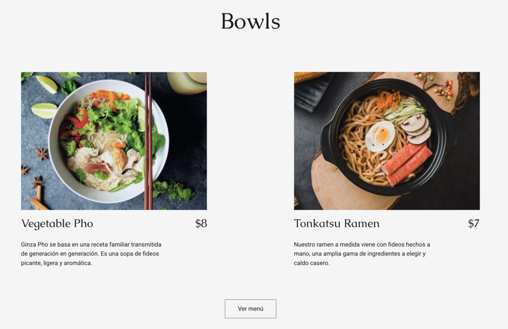 Ejemplo de secci&oacute;n de web de restaurante de Hostinger