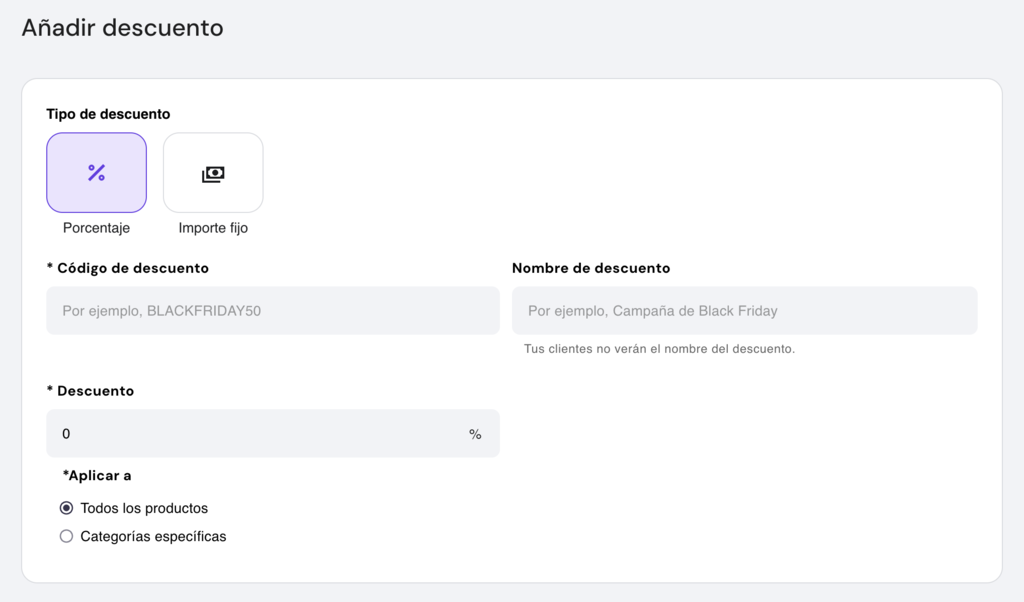 Secci&oacute;n para a&ntilde;adir descuento en el Creador web de Hostinger