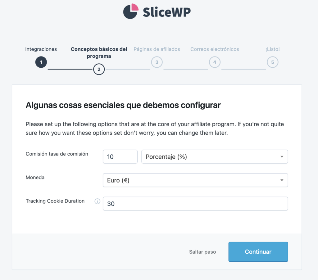 La página de configuración de comisiones del asistente de configuración inicial de SliceWP
