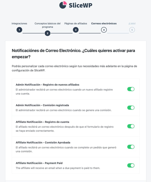 Asistente de ajustes iniciales de SliceWP