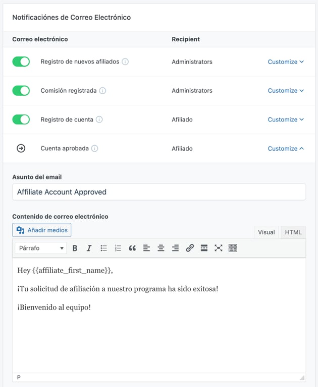 Notificaciones de correo electr&oacute;nico de SliceWP