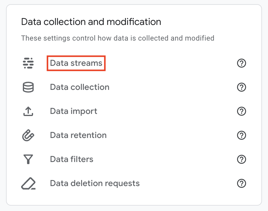 Opci&oacute;n Data streams de GA4