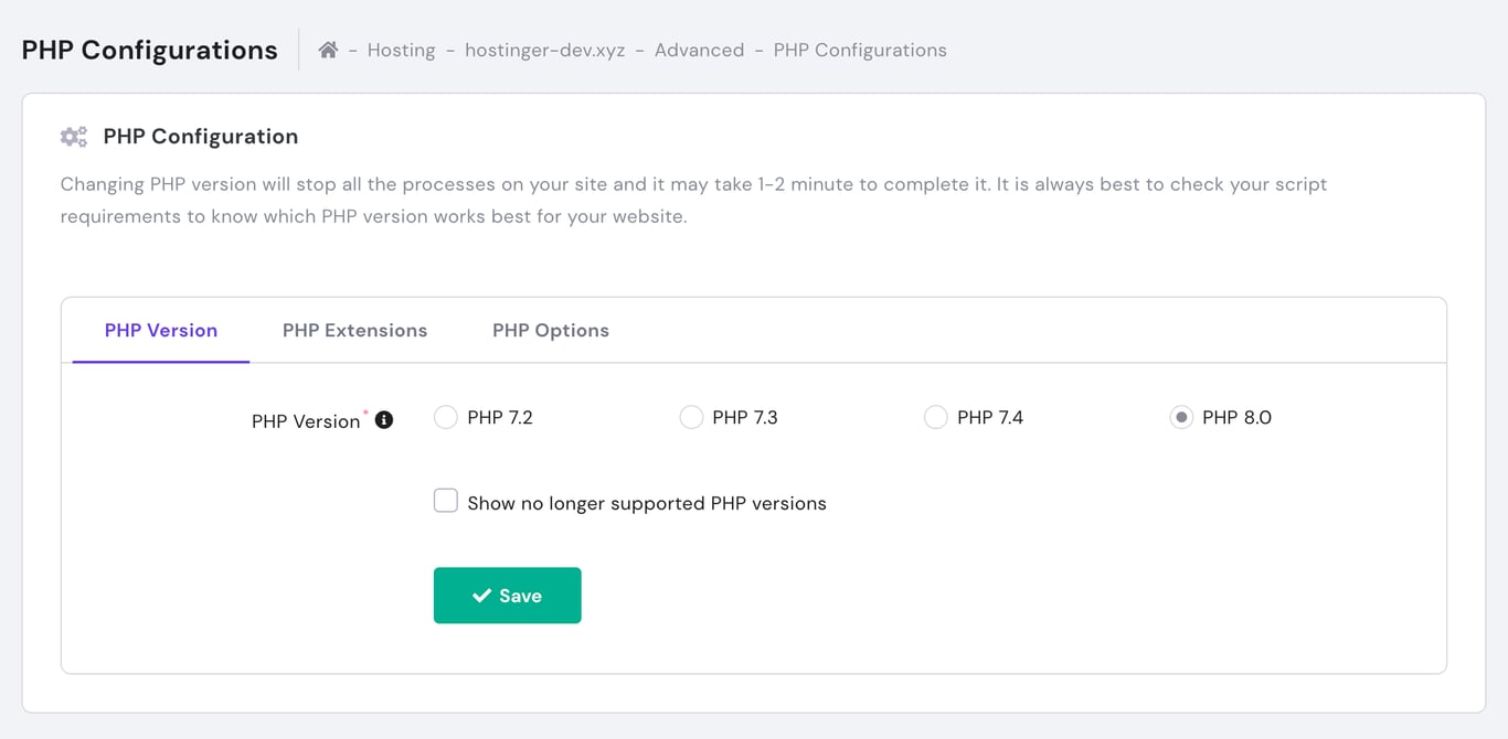 PHP 8.0 selected on PHP Configurations screen in hPanel