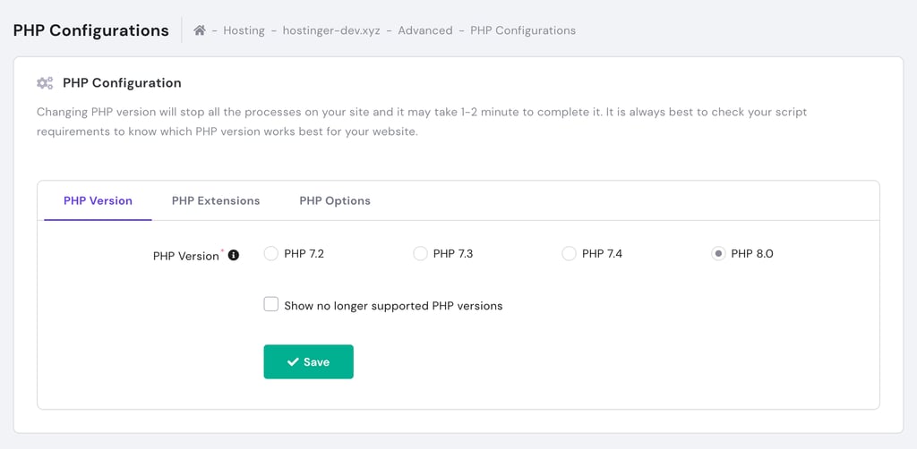 PHP 8.0 selected on PHP Configurations screen in hPanel