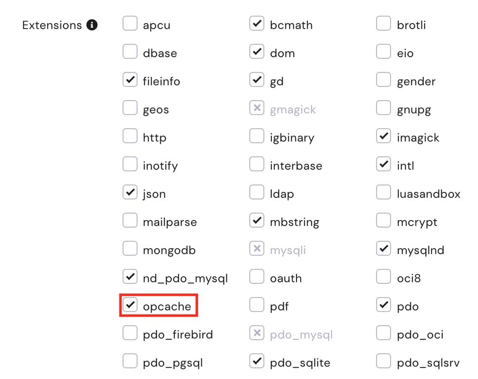 PHP extensions screen