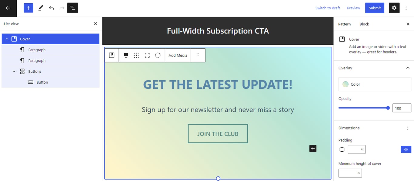 Creating a pattern using the WordPress pattern creator.