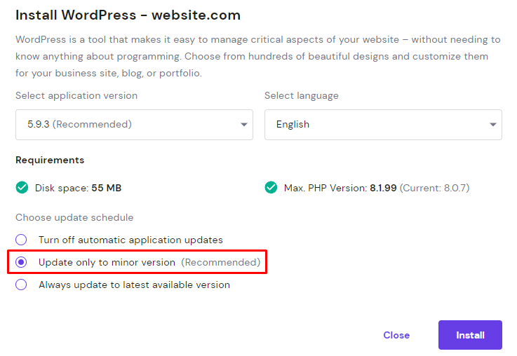 Update only to minor version option in the hPanel's auto-installer.