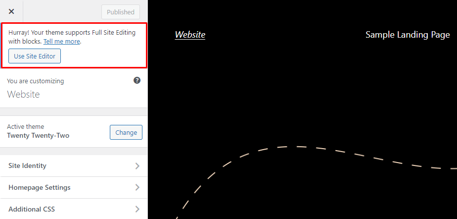 The site editor notification in the WordPress Customizer UI.