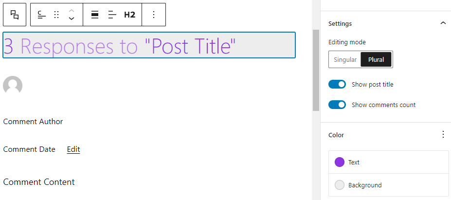 The design tools on the block settings panel to customize the comment title block.