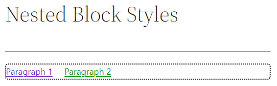 Links inside a row block using their specific link color settings &ndash; purple and green.