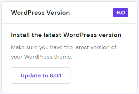 WordPress version section on hPanel that contains the Update to 6.0.1 button.