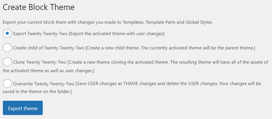 The Create Block Theme plugin panel.
