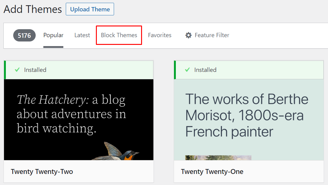 The block themes filter in the WordPress add themes panel