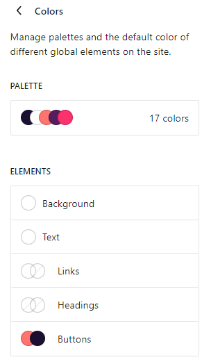 The colors global styles panel with the new headings and buttons options