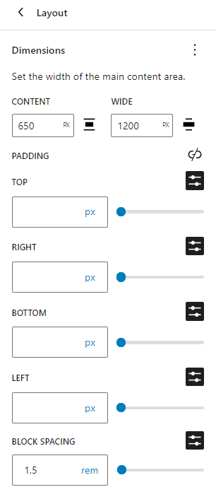 The layout global styles panel with the content area configuration and more padding settings