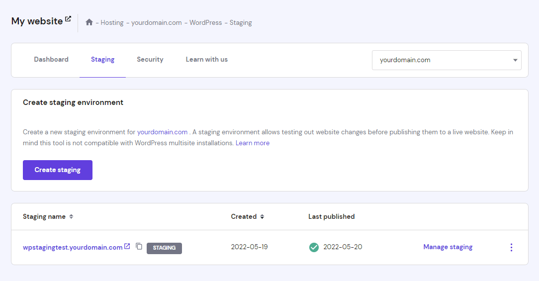 The WordPress Staging feature on hPanel