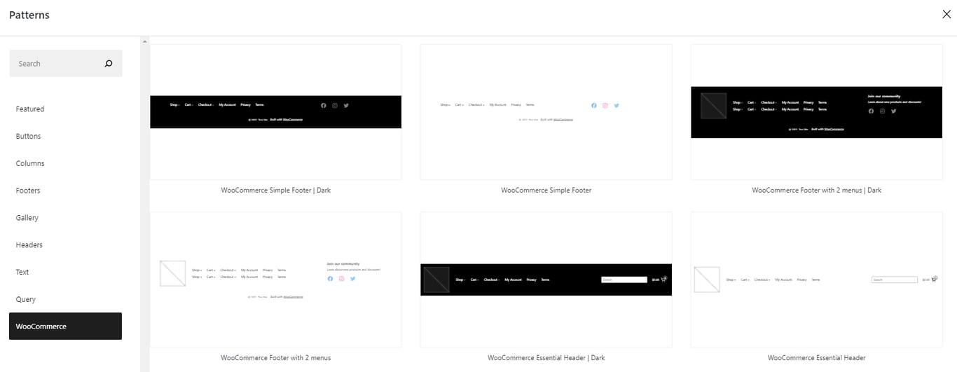 The WordPress pattern explorer, showing the WooCommerce patterns