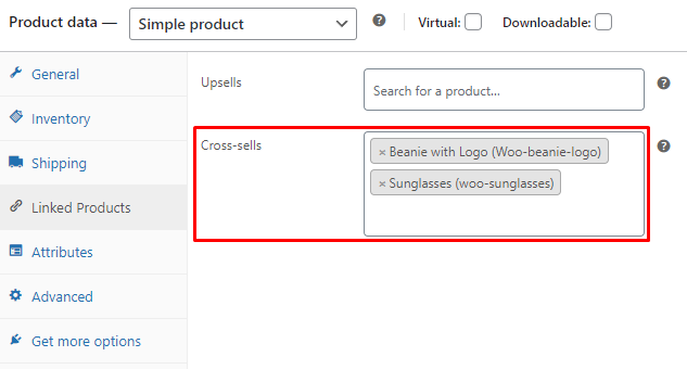 The product data section with the Cross-sells field highlighted