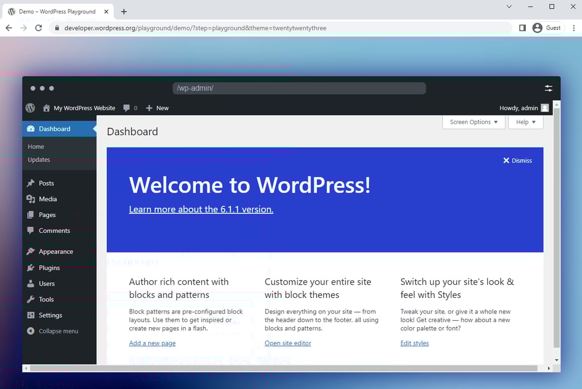 A browser tab showing the WordPress Playground sandbox