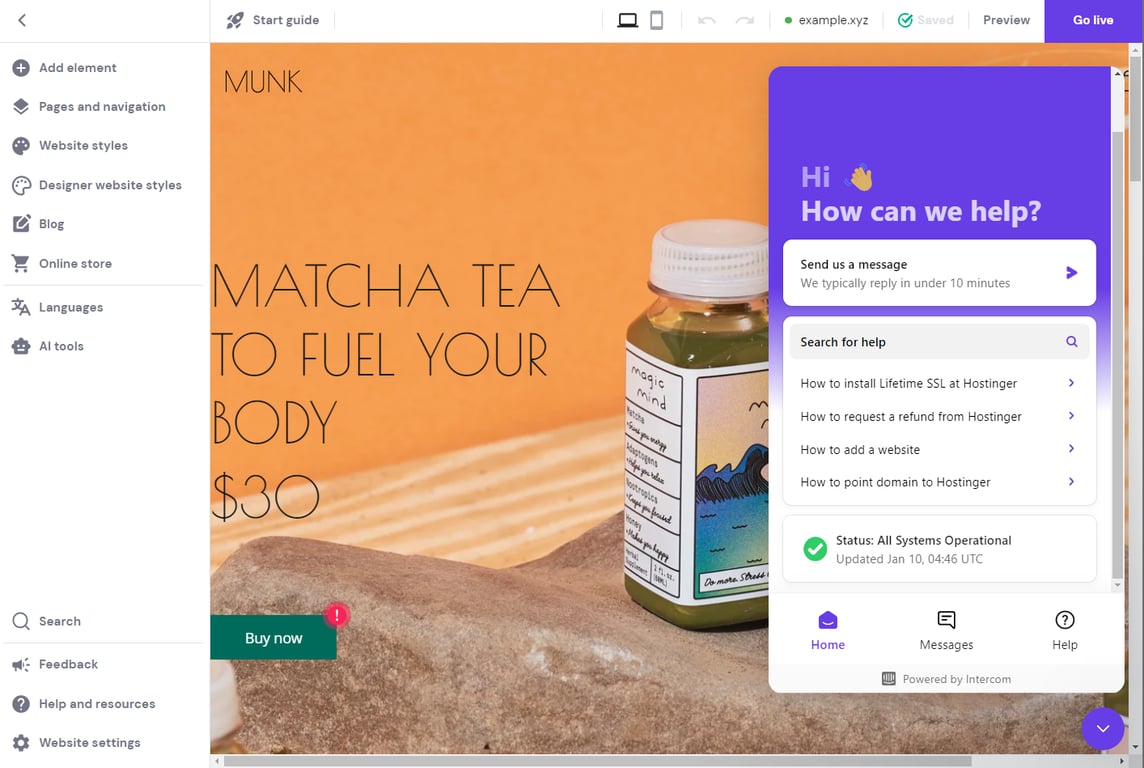 The Customer Success Live Chat window on Hostinger Website Builder