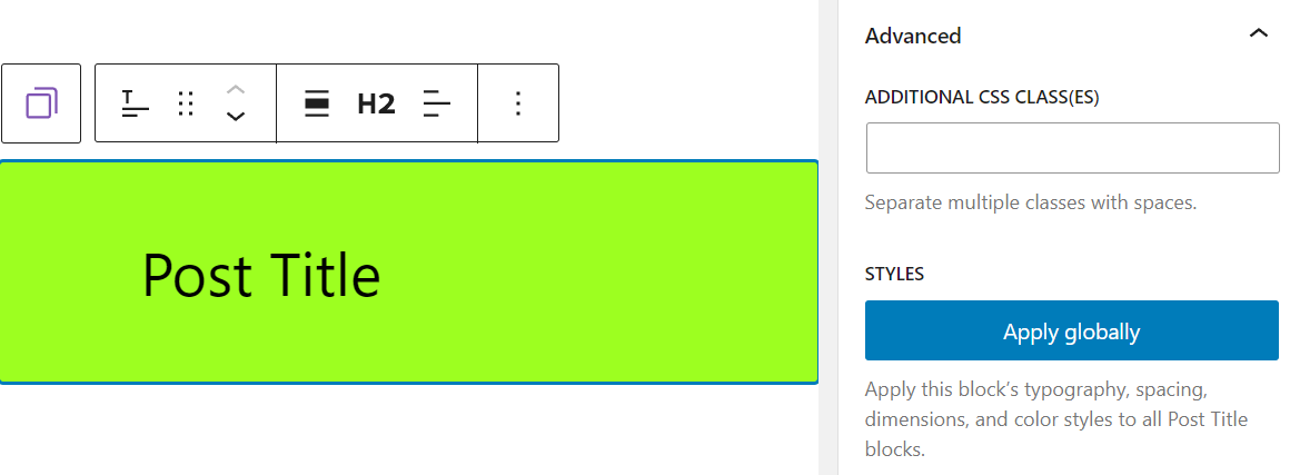 The Apply globally button on the post title block settings panel.