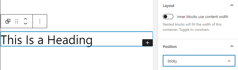 The sticky position option on the group block settings panel.