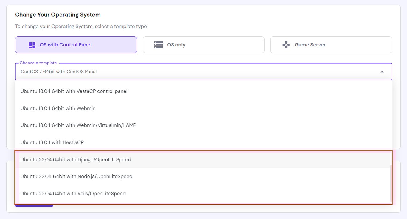 How to change your VPS operating system on hPanel, with the new OpenLiteSpeed VPS templates highlighted