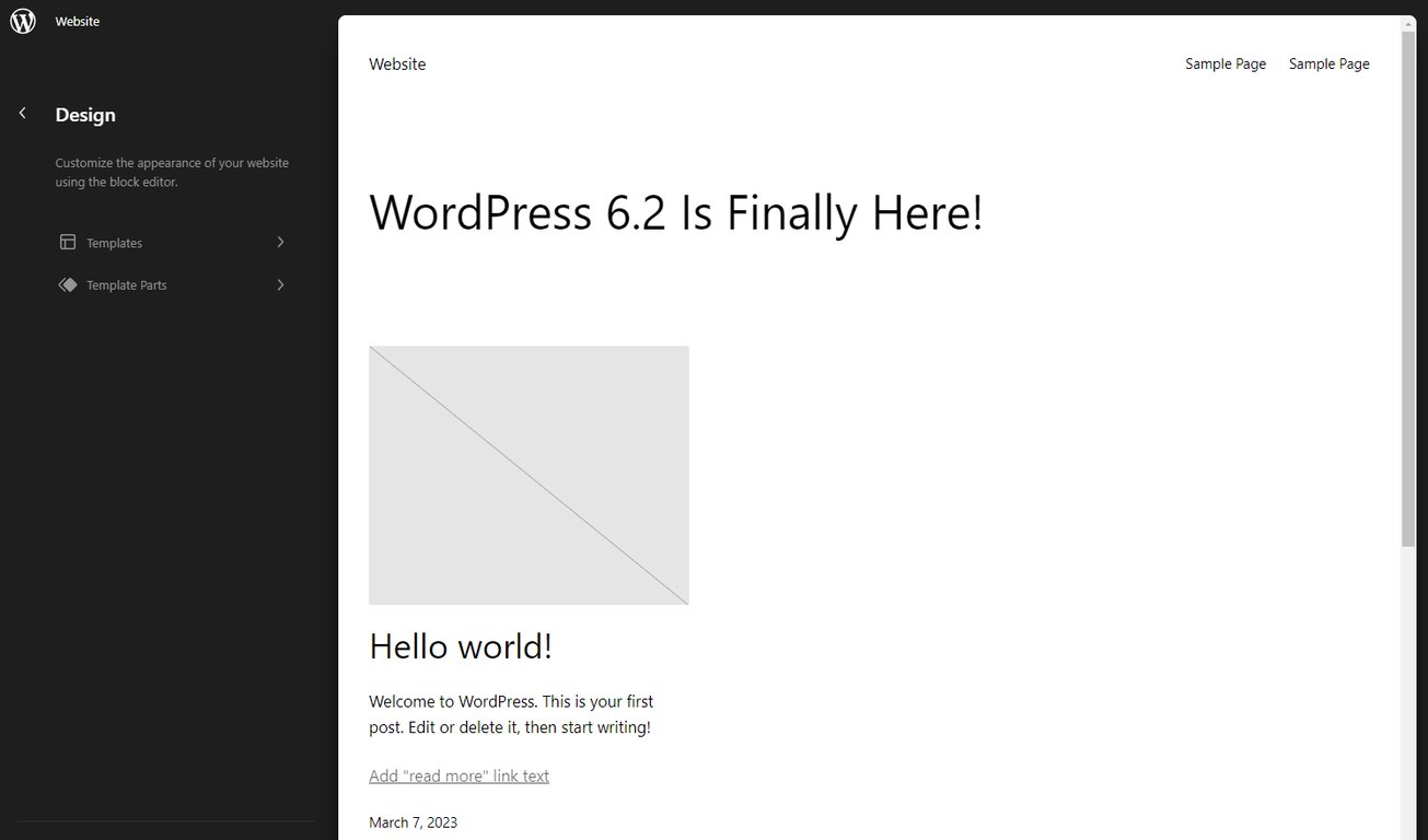 The template browser panel on the site editor