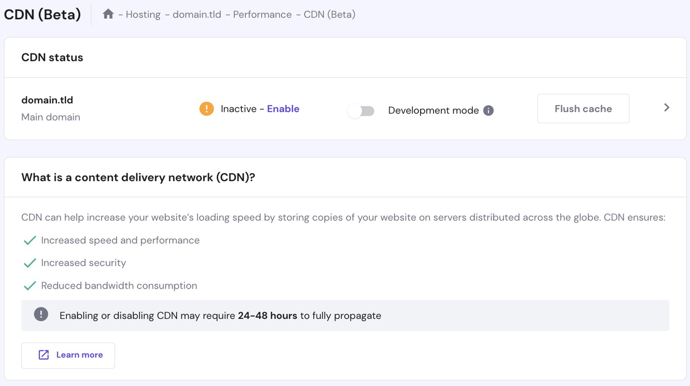 The CDN (Beta) page on Hostinger's hPanel