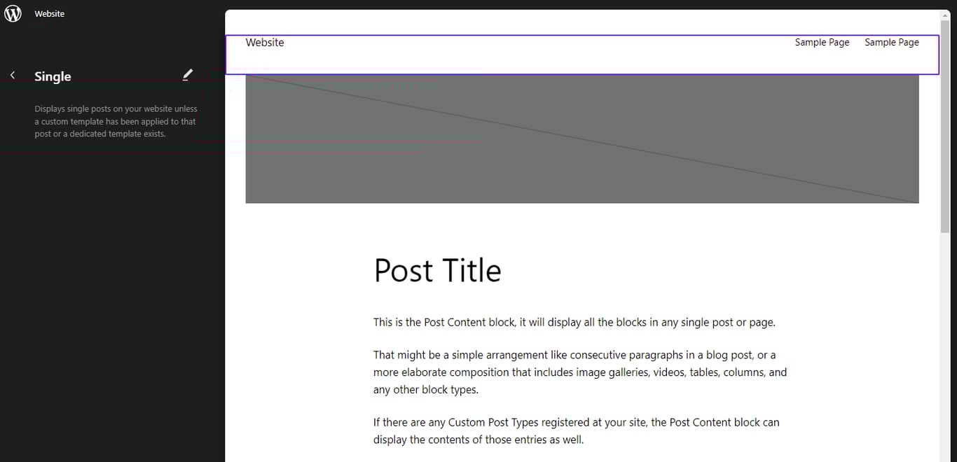 The template preview showing the single post template