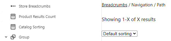 Store breadcrumbs, product results count, and catalog sorting blocks on the editor