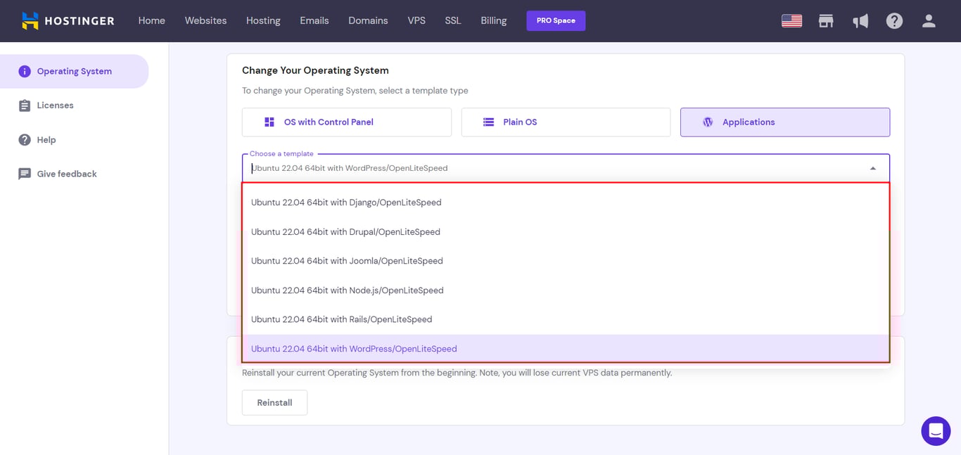Changing a VPS template on hPanel to an OpenLiteSpeed template with WordPress, Joomla, or Drupal