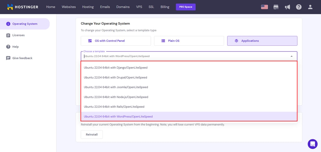 Changing a VPS template on hPanel to an OpenLiteSpeed template with WordPress, Joomla, or Drupal