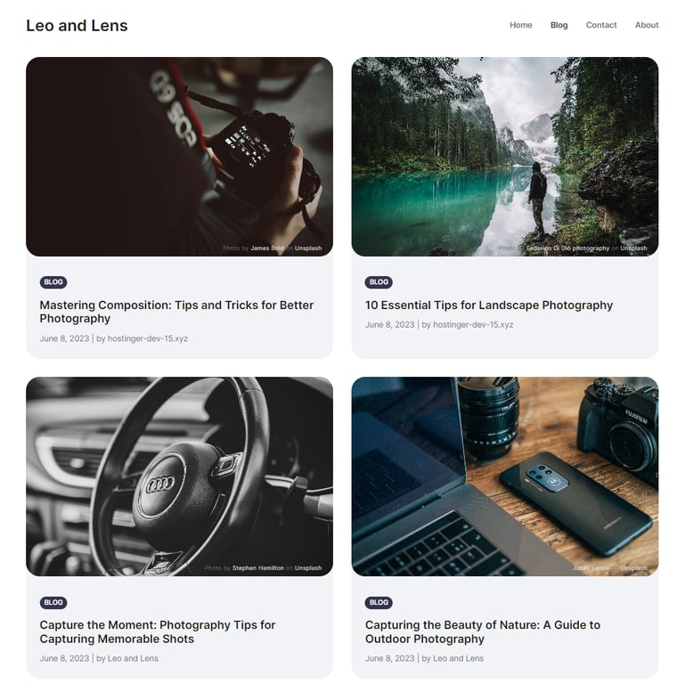 An example of the blog page using the Hostinger Blog Theme, showing the pre-made content generated by AI and featured images