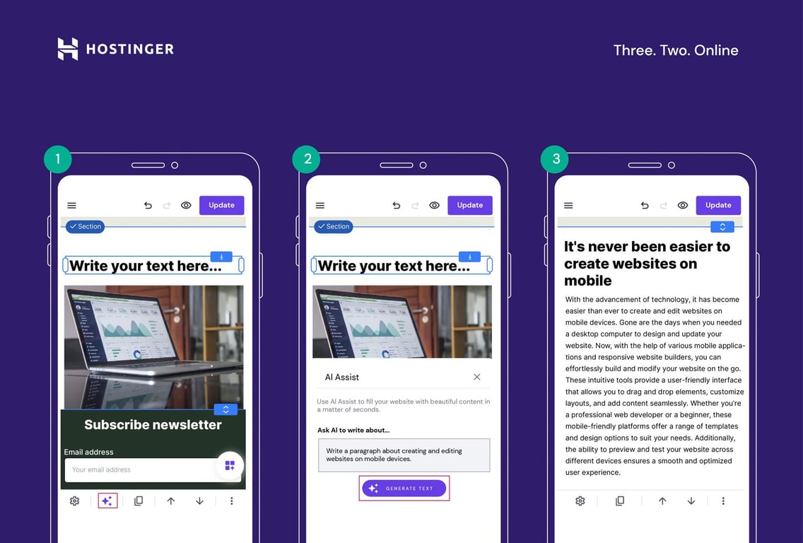 Hostinger Website Builder Mobile Editor AI Assist feature helps you generate SEO-friendly content. 