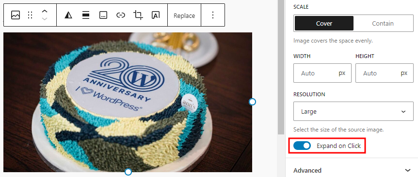 The "Expand on Click" toggle in the image block's settings panel to enable the lightbox feature