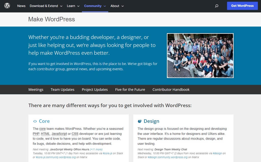 the homepage of Make WordPress website