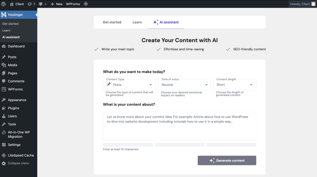 The AI Assistant feature in the Hostinger plugin