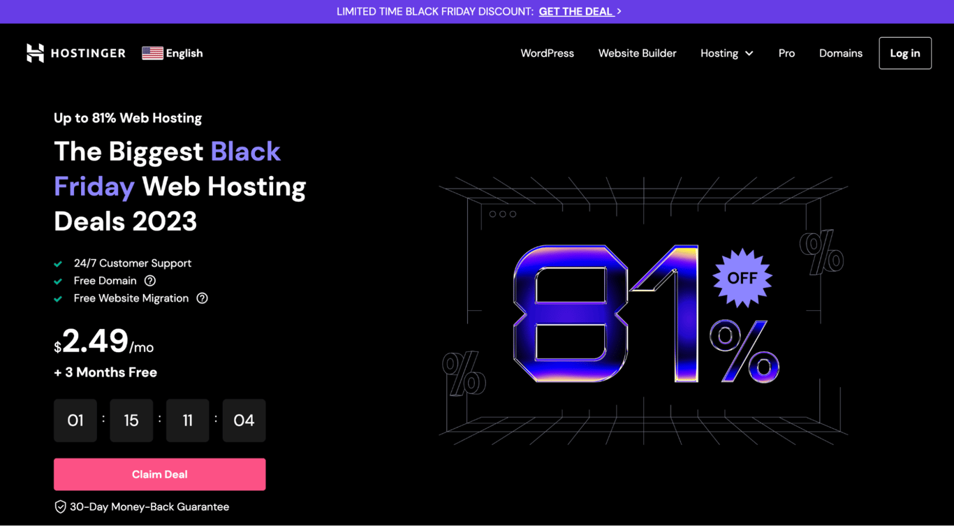 Hostinger's homepage featuring its Black Friday offer