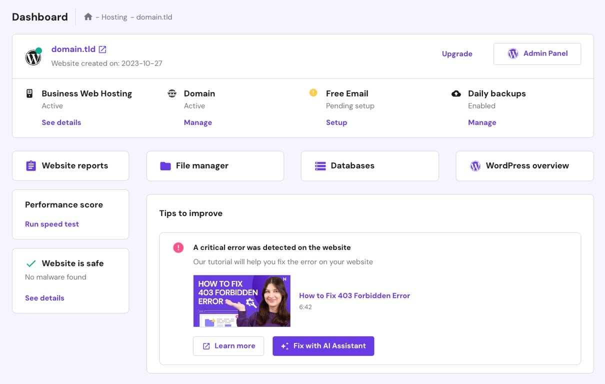 Hostinger WordPress AI Troubleshooter notifies about an error on a website.