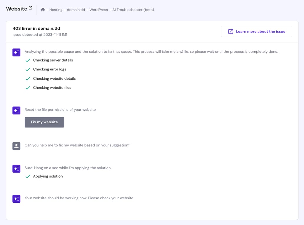 Hostinger WordPress AI Troubleshooter fixes a 403 error.